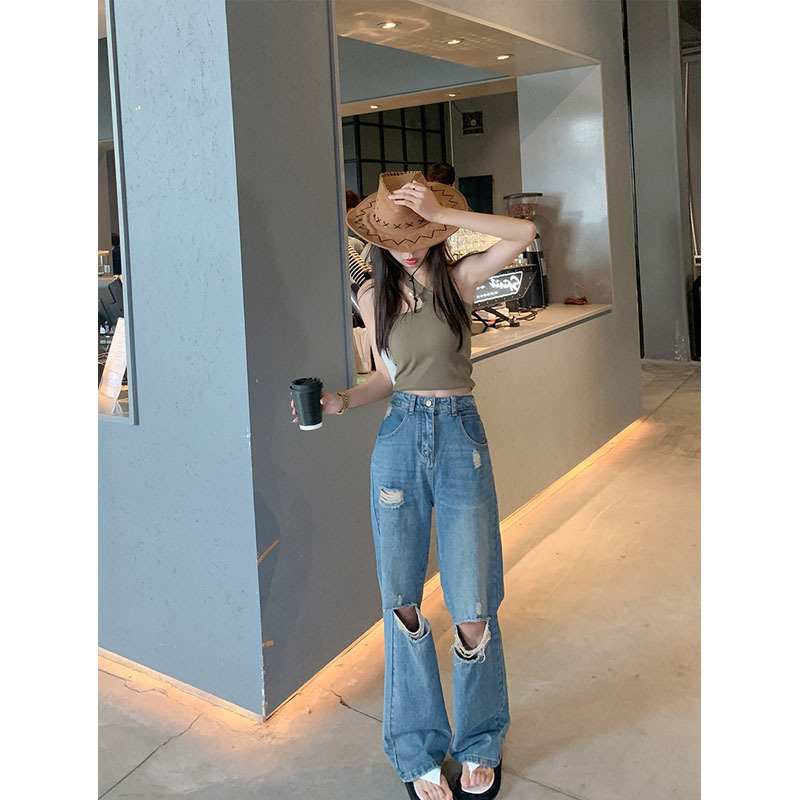 Blue ripped jeans for women's 2022 summer new style, thin high-waisted floor-length long pants with a drape, loose straight-leg pants Specification image