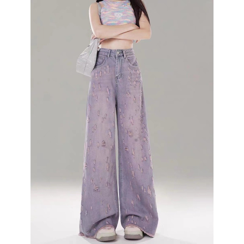 Pink and purple high-waisted wide-leg jeans for women, a new summer 2024 style of floor-length pants with ripped edges and a drape Specification drawing