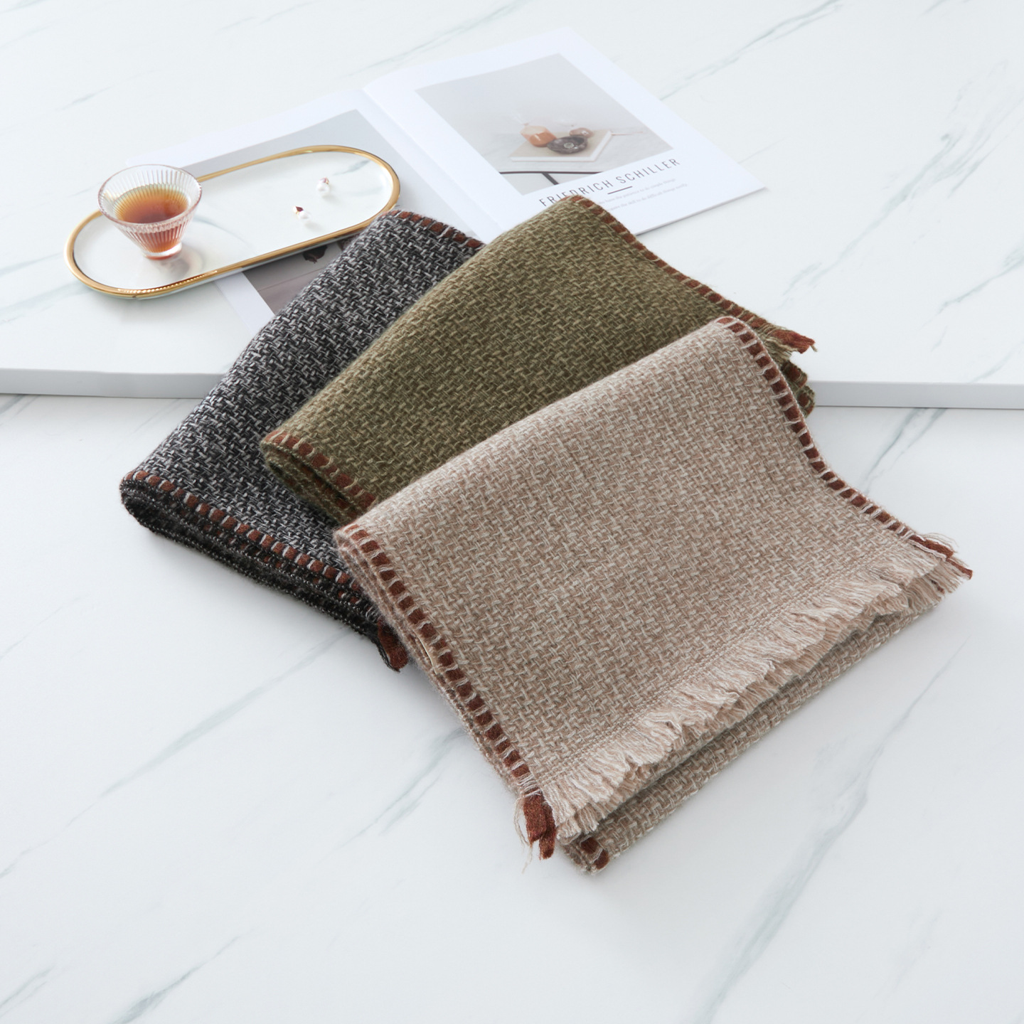 羊绒围巾女100%纯山羊绒秋冬新款梭织流苏花式席编轻缩绒保暖围巾