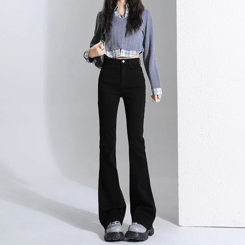 Fashionable jeans for women, Korean style hot girl flared hoof-shaped long pants, black high-waisted stretch slim floor-length slightly flared pants details Picture