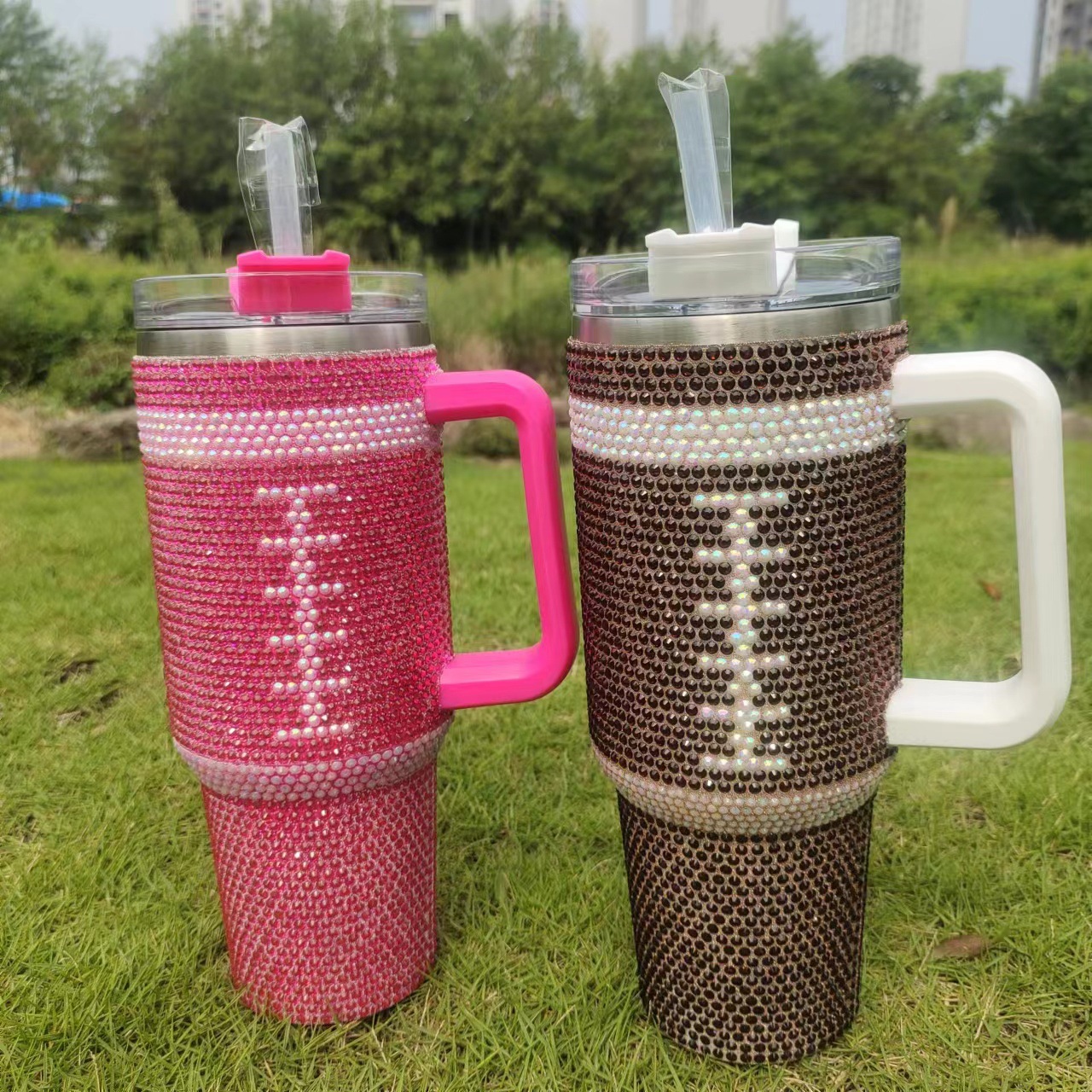 A first-generation 40oz stainless steel 304 handle diamond-encrusted insulated cup with a straw and a car cooling diamond ice cup