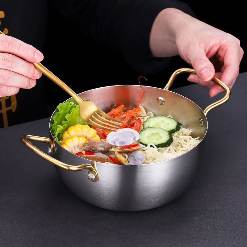 Korean High Ramen Pot Seafood Pot Stainless Steel Pot Double Ear Soup Pot Internet Celebrity Instant Noodles Pot Single Small Hot Pot Gold Application Scenario