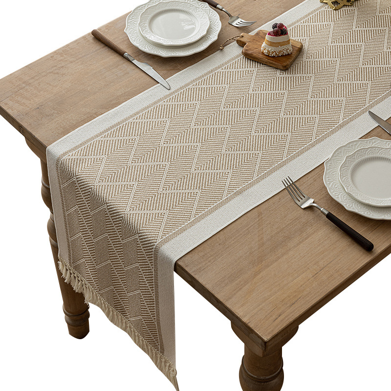 Kuyuki nuevo nórdico moderno simple generoso diseño de alta calidad sensación algodón lino tela de bandera de té lujo ligero impermeable jacquard paño de tira de borlas mesa lateral mesa de té mesa de bandera de pelo Item Picture
