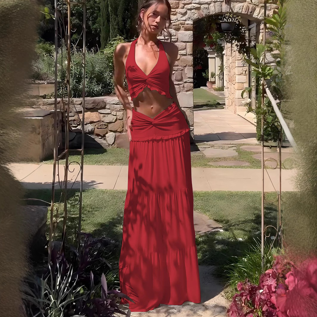 Winter new European and American style women's fashion and sexiness V-neck halter top, black ear-trimmed long dress two-piece set details Picture