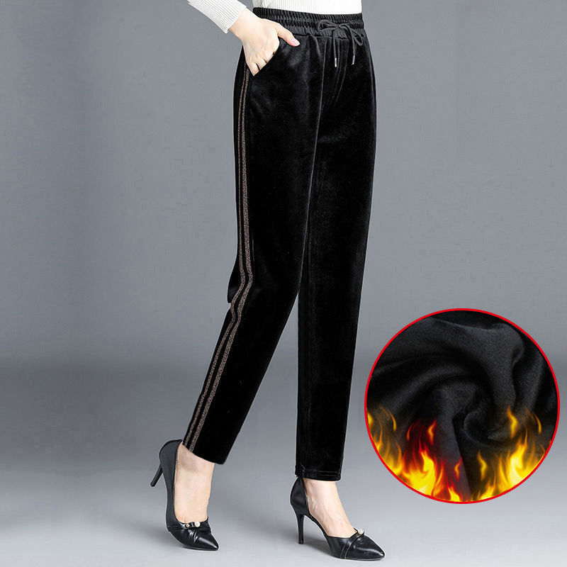 New autumn and winter velvet wide-leg pants for middle-aged and elderly people, fashionable large-sized high-waisted straight-leg mom pants, warm leggings for women