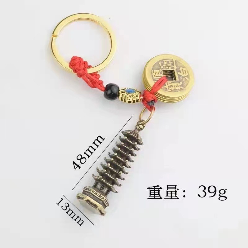New Wenchang Pagoda Pen brass keychain, retro Five Emperors Coin PI Xiu pendant, men's and women's copper coin keychains Item Picture