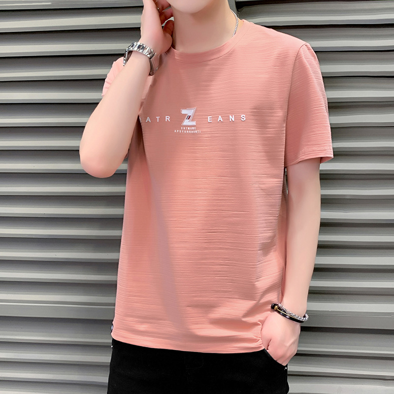 Pink men's short-sleeved T-shirt, summer thin solid color trendy round-neck half-sleeved T-shirt, men's top wear of a trendy brand