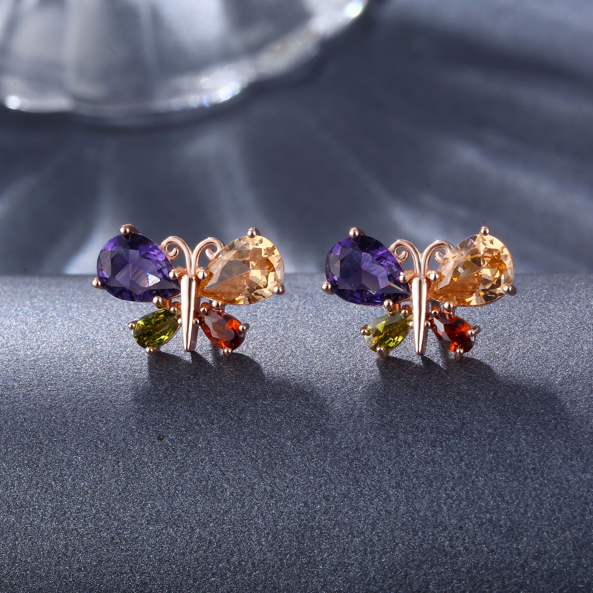 Kashi Rose Classic Diamond Zircon Seven-color crystal Butterfly Necklace Earring Set, fashionable European and American ear ring pendant Specification image