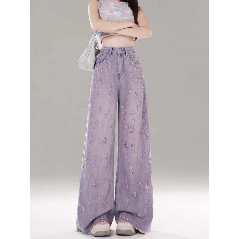 Pink and purple high-waisted wide-leg jeans for women, a new summer 2024 style of floor-length pants with ripped edges and a drape full figure