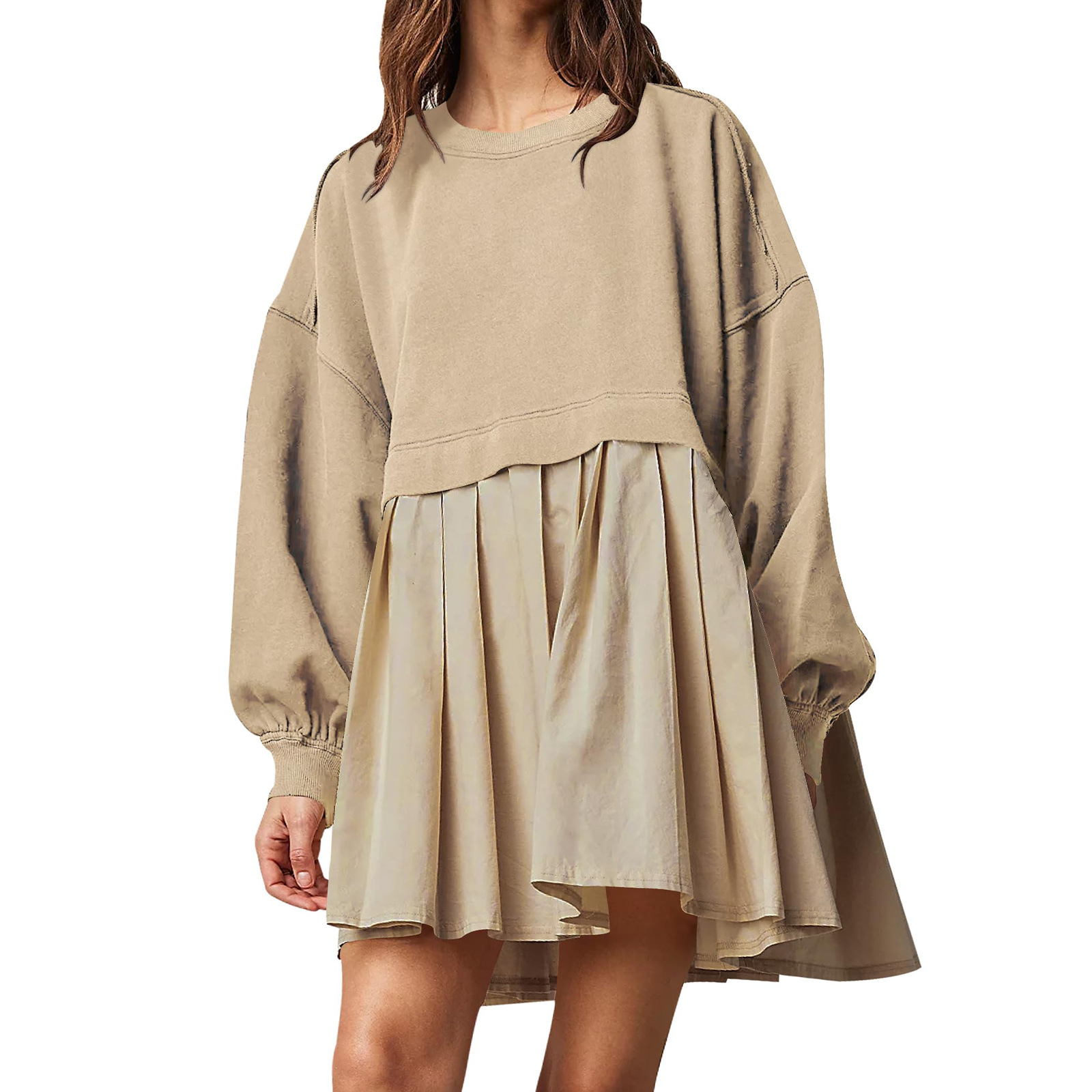 The 2024 cross-border European and American autumn and winter new women's clothing solid-color long-sleeved patchwork loose pleated sweatshirt dress details Picture