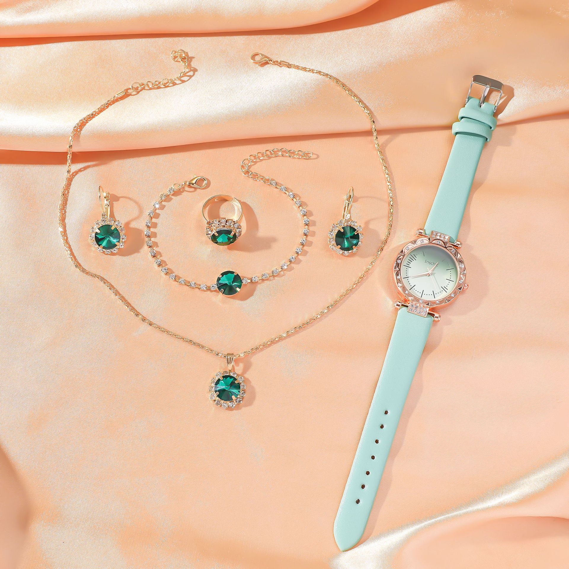 Estudiante mujer gradiente verde dial esmeralda strass pendientes pulsera collar anillo set 6pcs/set Item Picture