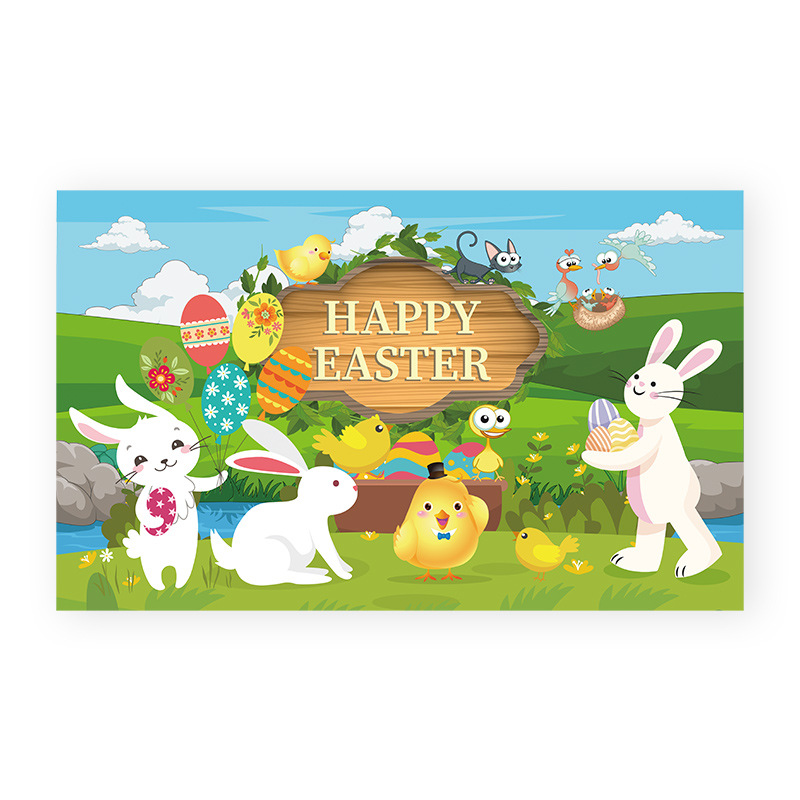 新款复活节横幅蓝天白云草地可爱兔子彩蛋小鸡背景装饰可设计图案详情图2