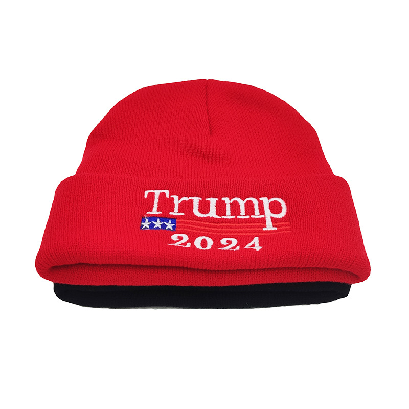 2024川普帽子选举针织毛线帽美国竞选大选帽子男女冬帽防寒保暖帽