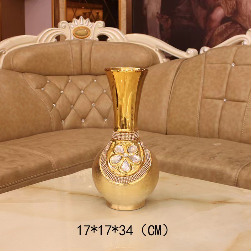 Cross-border European creative simple electroplating gold brushed ceramic vase Hotel decoration Wedding home crafts Gold long neck vase Item Picture