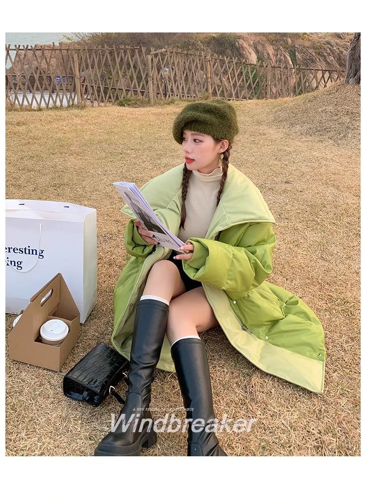 Aguacate verde pato blanco abajo PU piel abajo chaqueta para mujeres estilo mediano largo diseño de nicho sentido influencers estilo explosivo abrigo sin lavado pic 18
