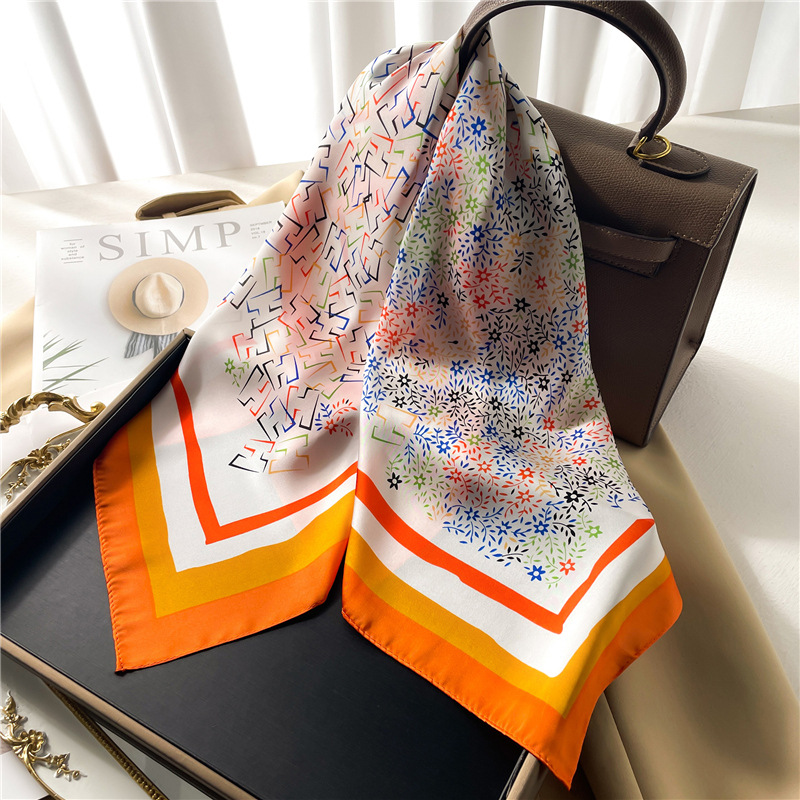 Fashion New Silk Scarf 70Cm Square Scarf Check Scarf Imitation Silk Patchwork Color Korean Version All Tie Scarf Women Decorative Hair Application Scenario