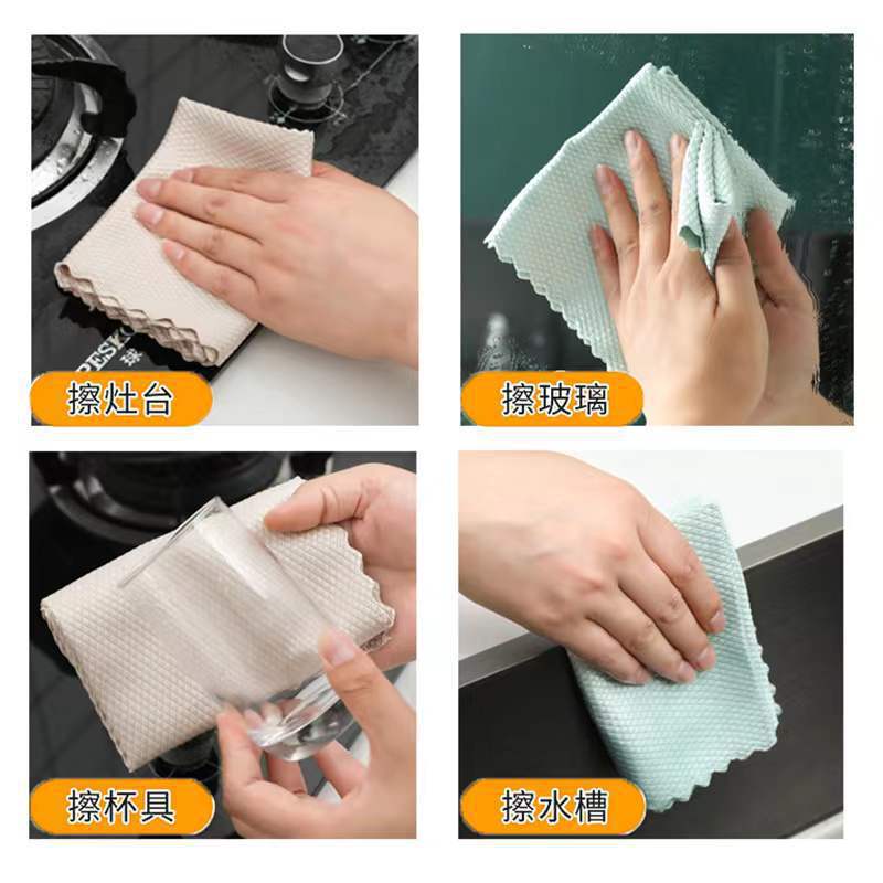 The fish scale cloth is water-absorbent and does not shed easily. It leaves no marks when cleaning glass cups, bowls, tables or mirrors. The fish scale cloth is a kitchen table cleaning towel Specification image