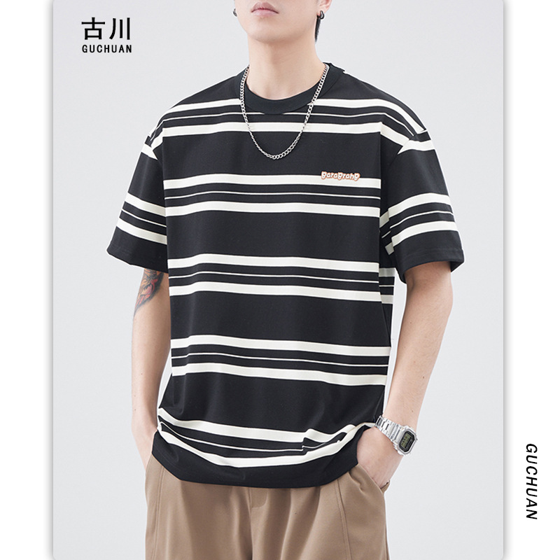 古川男装|夏季重磅260g条纹短袖男士圆领宽松日系潮牌体恤打底衫