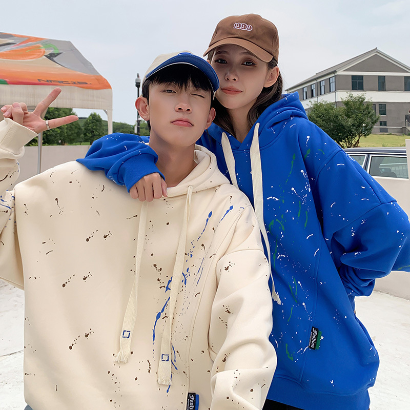 Men's autumn unisex fleece couple outfits, long-sleeved hoodies, loose and trendy clothes, and a heavyweight hooded sweatshirt for women
