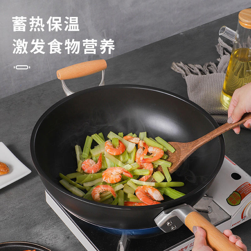 陶煲王陶瓷炒菜锅 家用燃气灶明火电陶炉炒锅 老式木柄平底无涂层