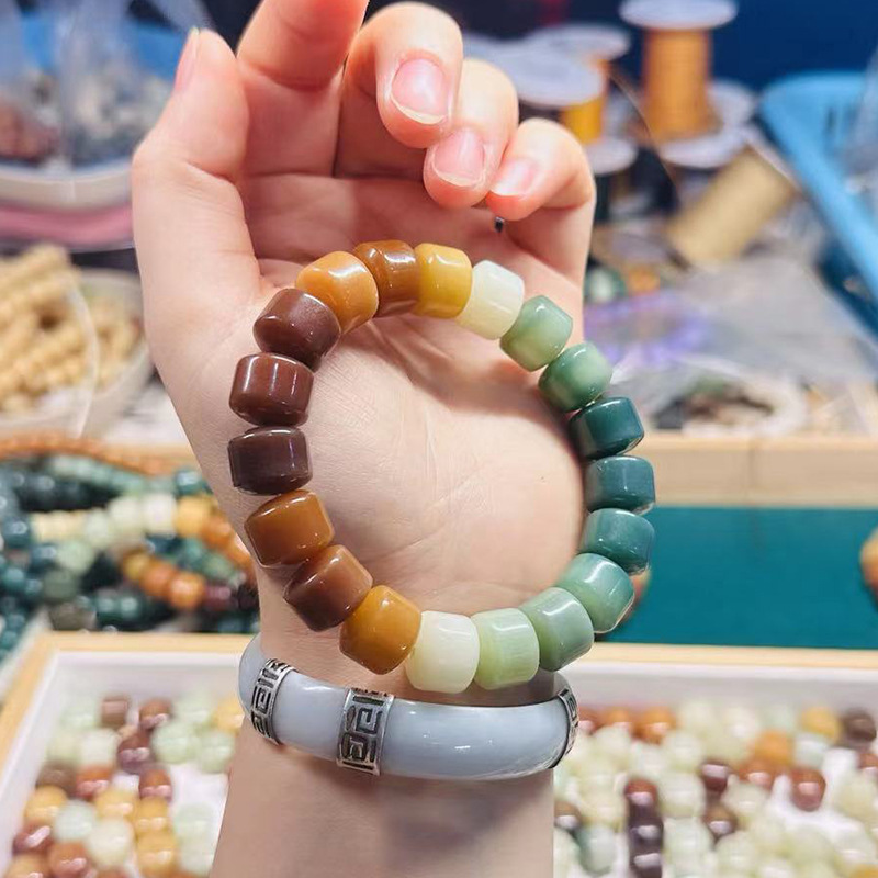 一生一世黄渐变菩提子绿飘花提根佛珠手串男女念珠文玩烟灰绕指柔