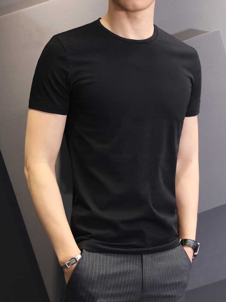 New men's short-sleeved shirt in solid color, 200g combed cotton, pure white, round neck, men's base layer, casual T-shirt details Picture