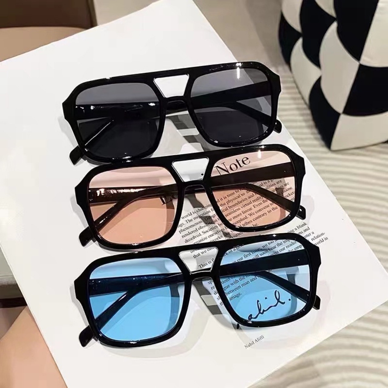 Wholesale of cross-border square frame double-beam sunglasses, Korean retro large frame pilot glasses, ocean film multi-color sunglasses details Picture