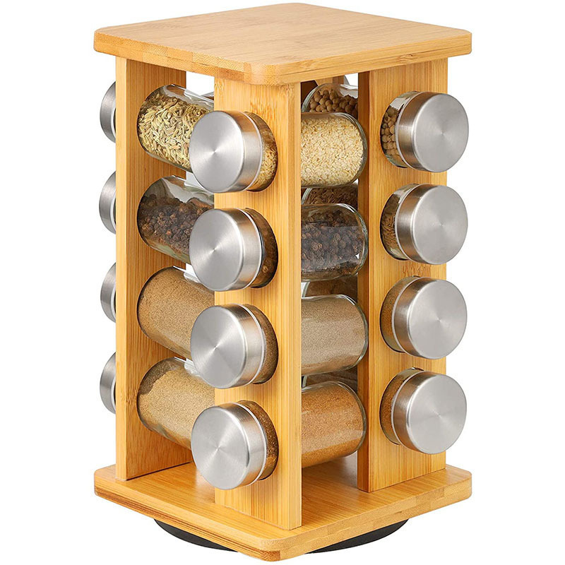 Cross-border European-style bamboo and wood seasoning rack, rotating multi-can spice rack, kitchen organizing supplies, seasoning bottle storage rack details Picture