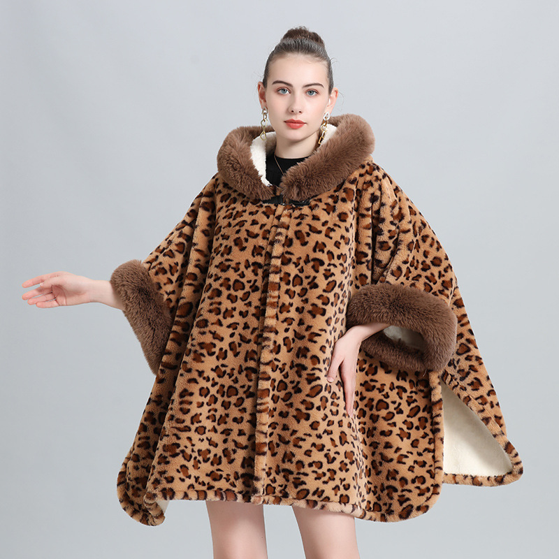 Live Supply Cape Cape Cape Leopard Point With Wool Thickened Collar Fringe Knitted Cape Large Size Woolen Coat 0960 Specification drawing