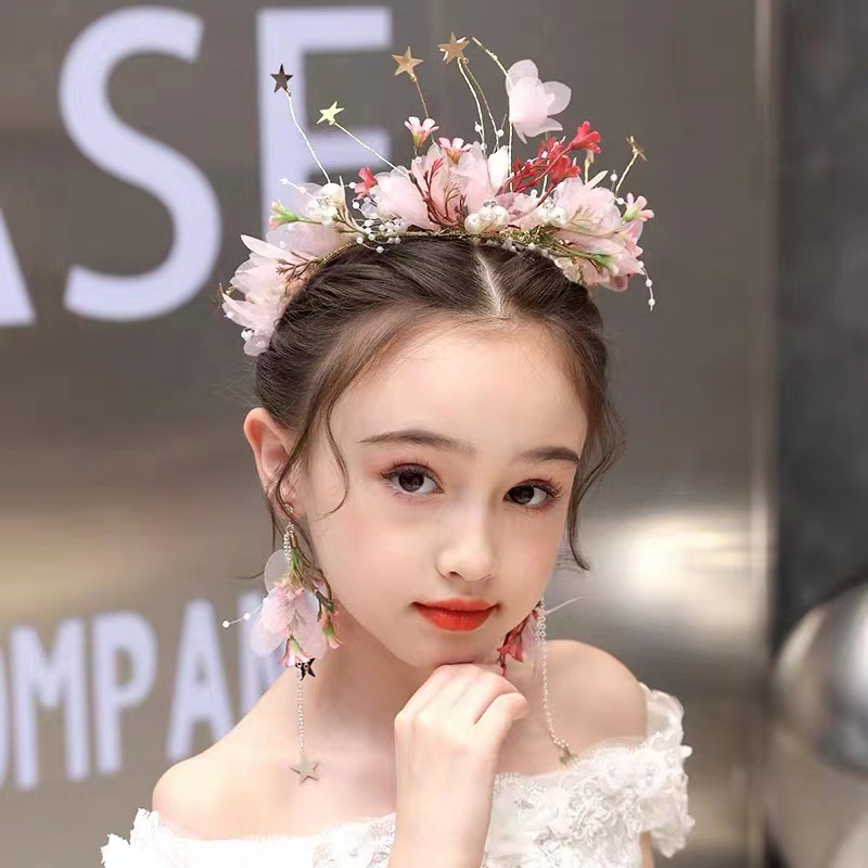 Crown Headband Tiara Princess Senmisen Tie Pink Flower Hair Tiara Stars Tiara Birthday Host Tiara