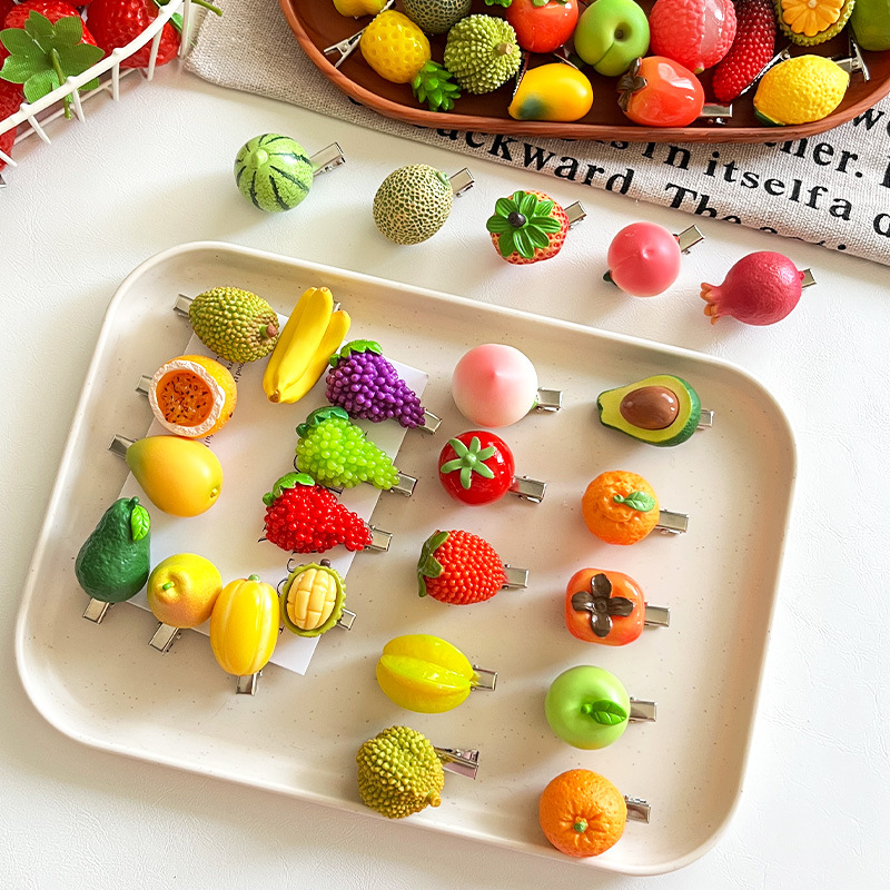创意仿真水果发夹食玩草莓榴莲石榴发卡可爱树脂边夹趣味桃子发饰详情17
