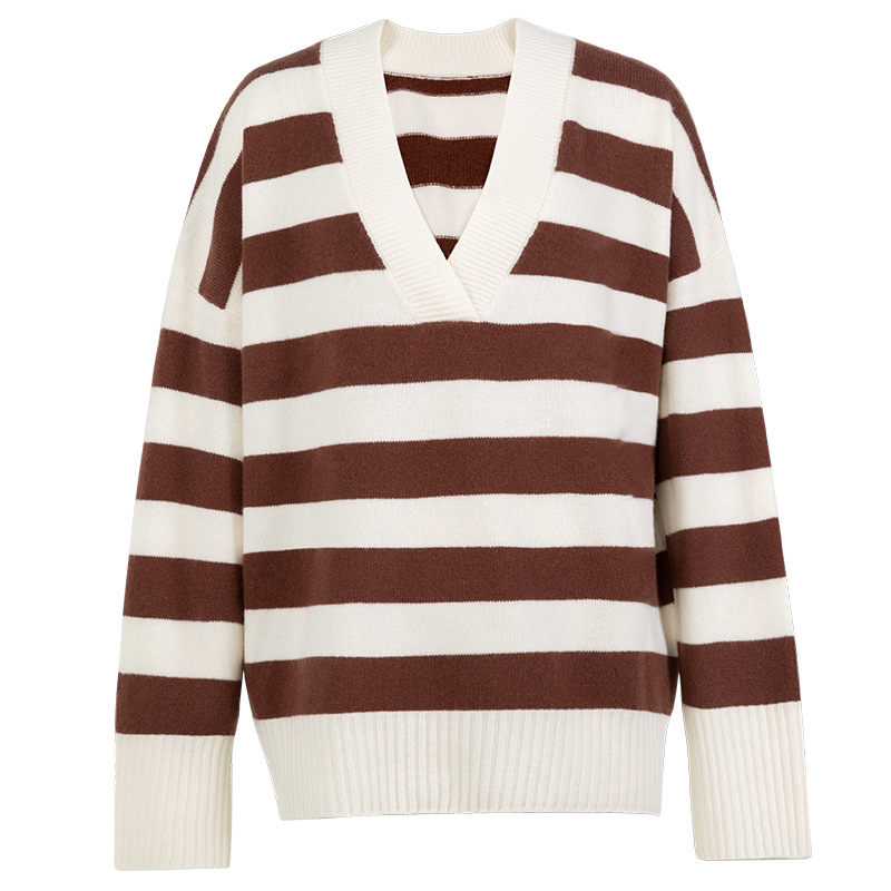 Spring 2025 new collection: Contrasting color striped laid-back style all-wool knitted sweater, American V-neck versatile casual sweater for women Item Picture