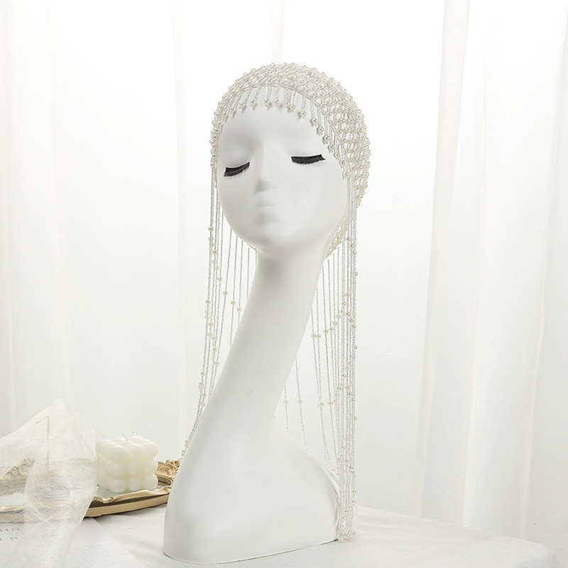 Korean-style pearl top hat, court-style long tassel beaded hat, elegant and elegant bangs hat, wedding dress, hair accessories wholesale