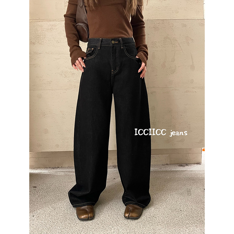 ICC Women's Wear "Curved Blade God Pants" flocked black and gold jeans with three-dimensional cut wide-leg banana pants for women 00262 Specification image