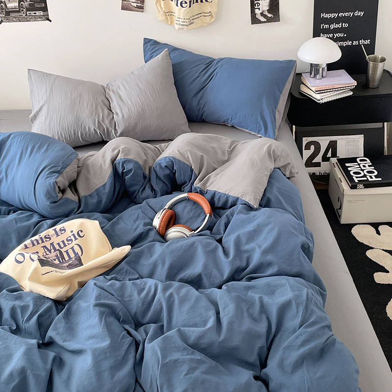 Japanese-style Muji washed cotton four-piece set for sleeping naked, excellent bed sheets and duvet covers, student dormitory bed three-piece set, bed hat style details Picture