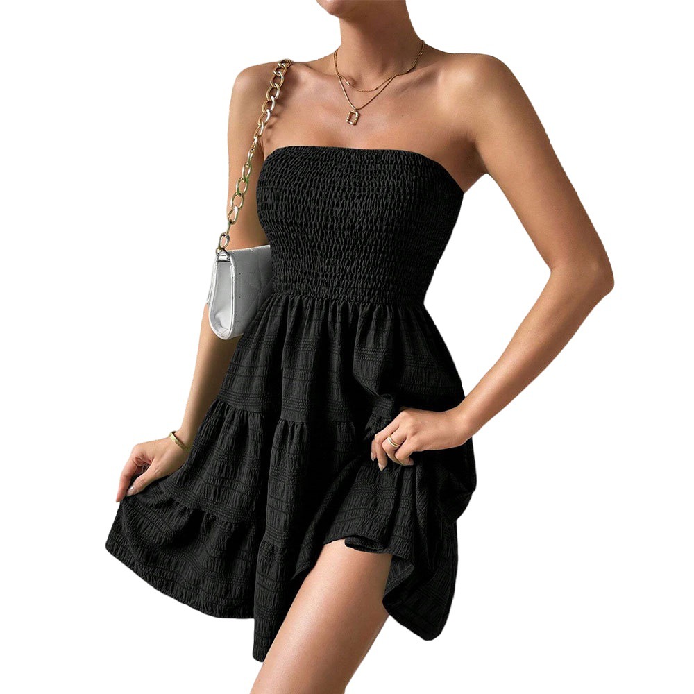 2025 Amazon Cross-border Women's Clothing Summer New one-neck strapless solid color versatile textured dress Item Picture