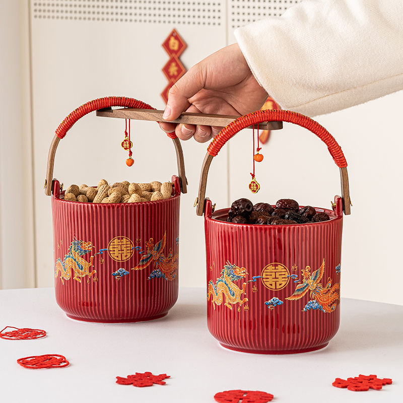 A pair of large ceramic red wedding buckets with auspicious dragon and phoenix descendants, as bride's dowry and decorative items for the wedding room details Picture
