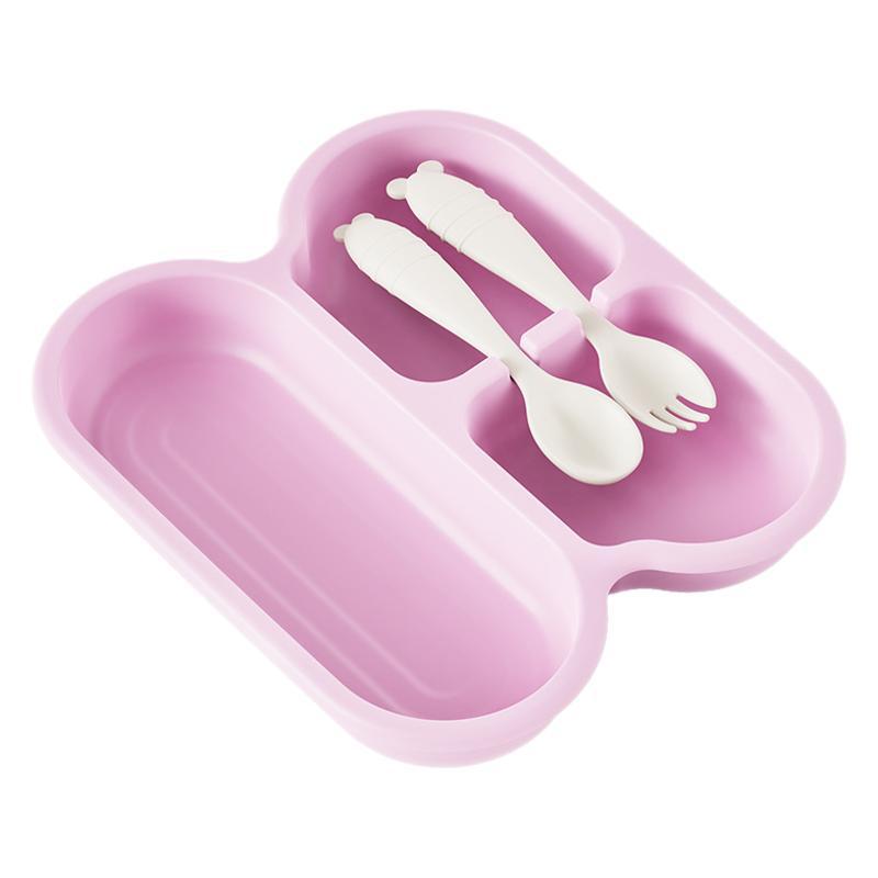 Wholesale of food-grade plastic, household, convenient and durable three-compartment baby food tableware with forks and spoons Item Picture