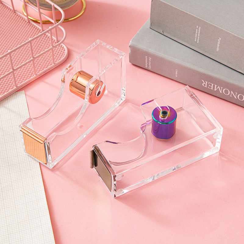 Acrylic rose gold tape holder Transparent Electroplating metal tape cutter i medium desktop hand tear divider details Picture