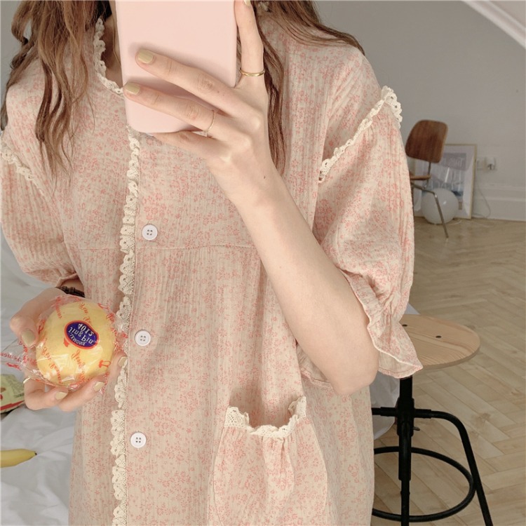 South Korea Ins Ladies Summer Korean Version Sweet Loose Comfortable Floral Nightdress Lace Pajamas Home Clothing Wholesale Woman