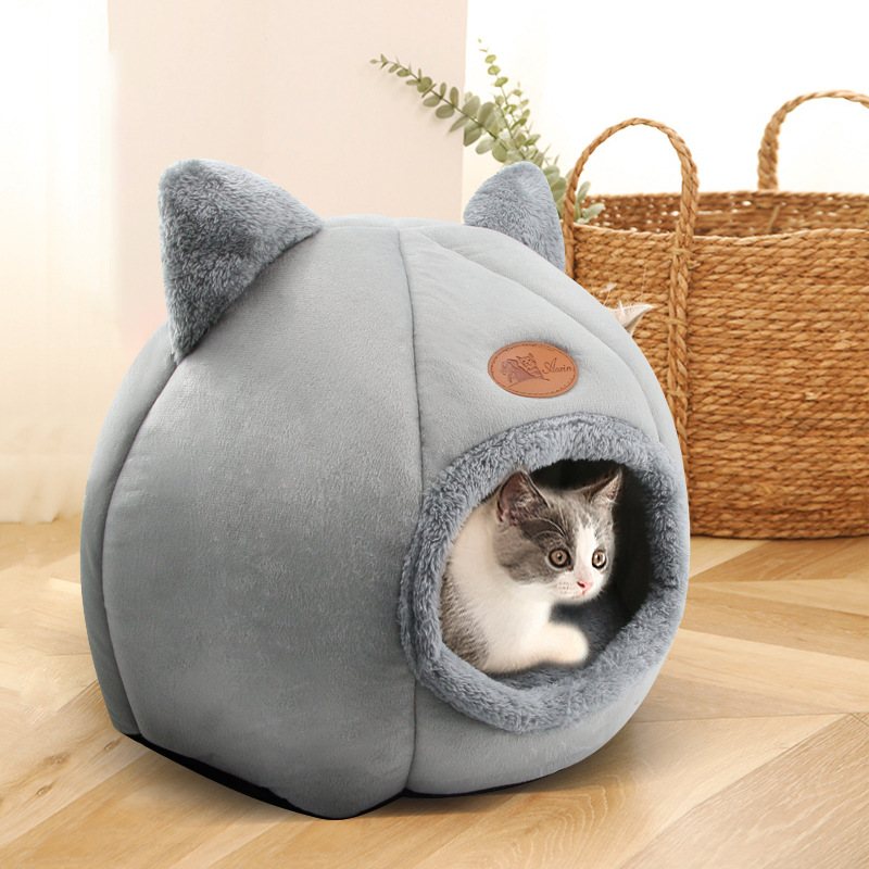 跨境新品猫窝冬季半封闭保暖狗窝加绒圆形宠物窝亚马逊宠物猫头窝