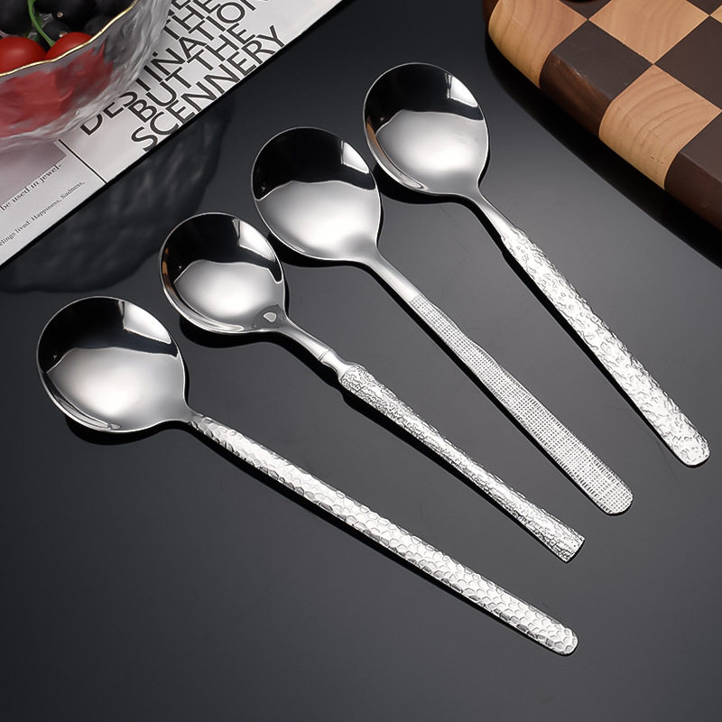 Stainless Steel Spoon Creative Ins Light Luxury Thickening Long Handle Spoon Household High Appearance Level Spoon Hammer Grain Rice Spoon Application Scenario