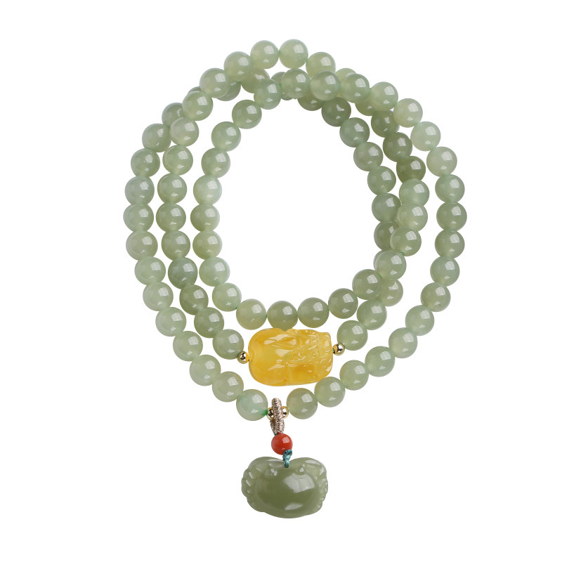 Natural three-circle Hetian jade crab-hanging bracelet, the richest in the world. Green jade amber PI Xiu multi-circle jade bracelet decoration Item Picture