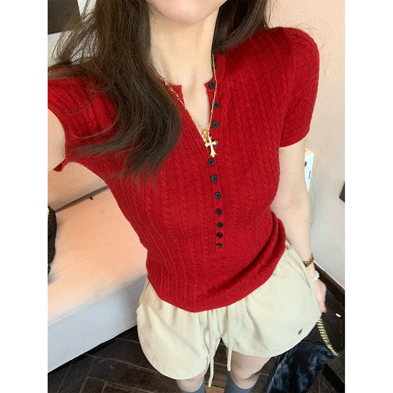 随性老钱风！夏季新款纯色短袖修身针织衫女简约v领红色上衣t恤