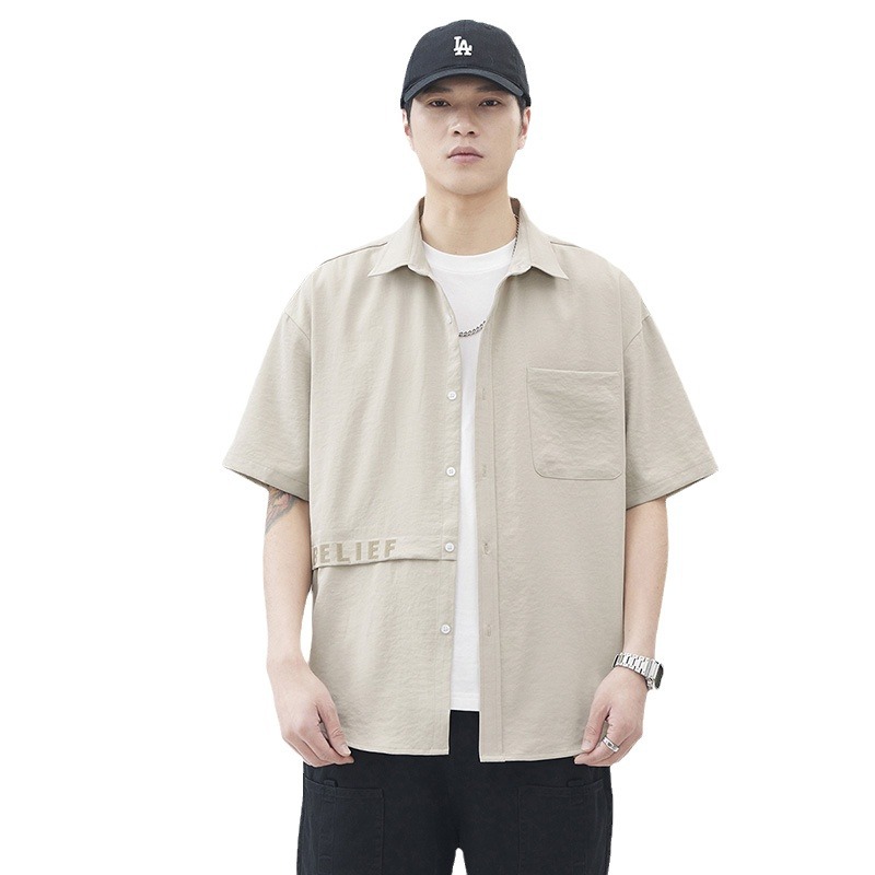 Casual short-sleeved shirt for men, solid color, versatile Hong Kong-style loose, cool summer, pocket design, thin shirt cardigan Item Picture