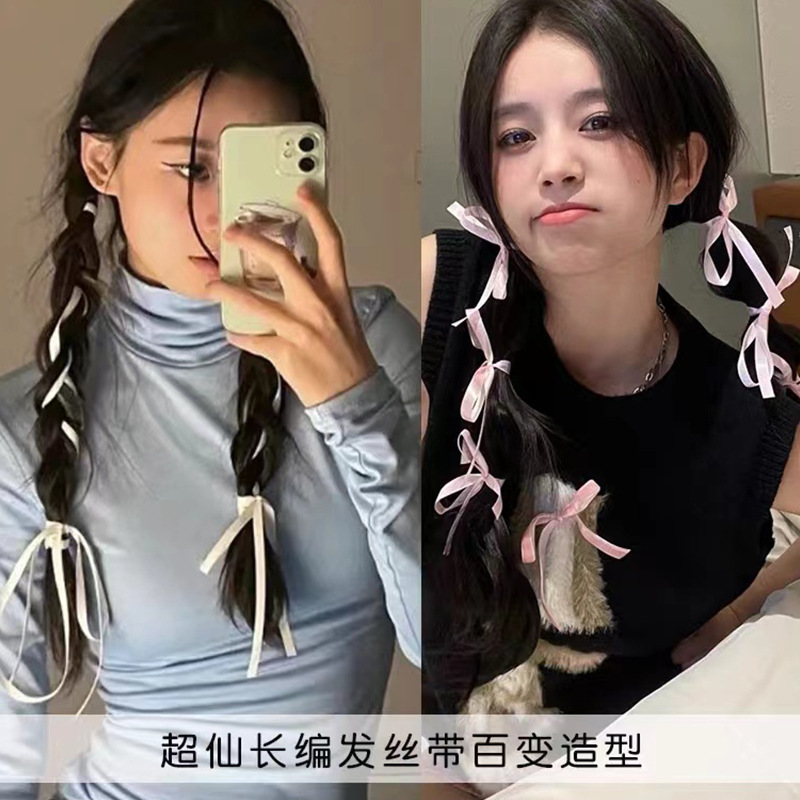 Braided hair ribbon headwear, white double ponytail bow hair accessory, hair band, women's hair tie, hair tie, ribbon headband details Picture