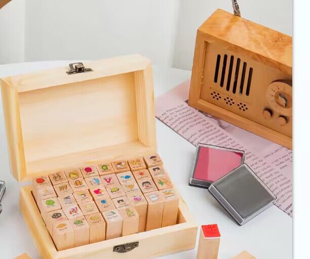 创意文具 快乐生活木盒日记印章 手账相册日记装饰套装 40枚入