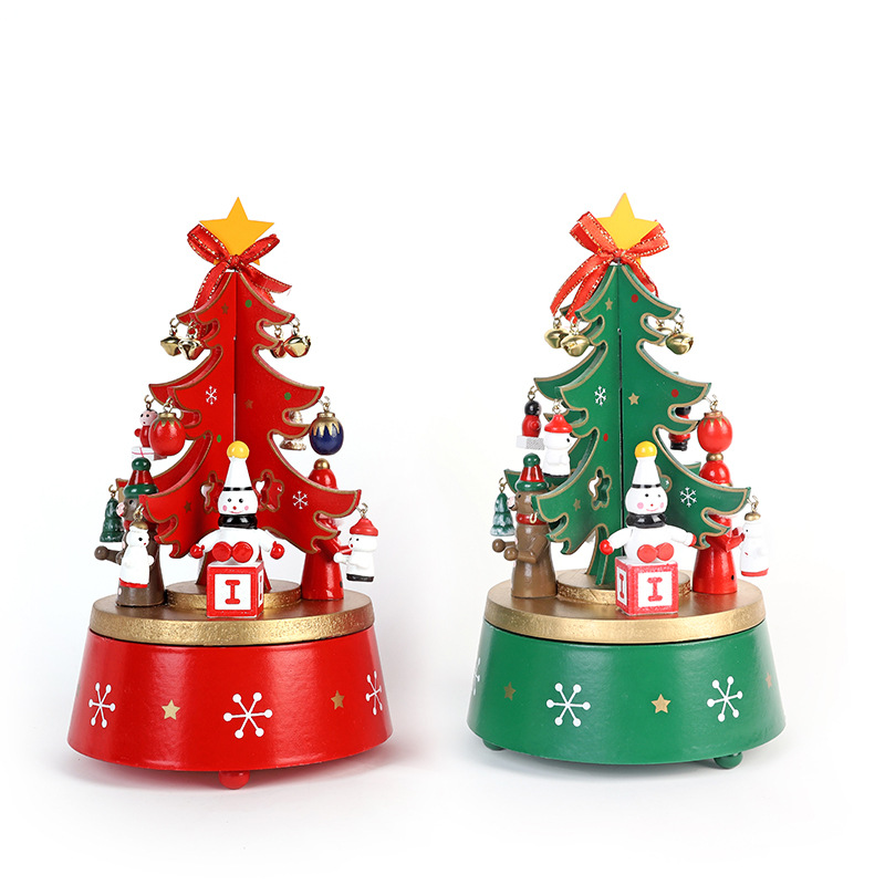 厂家直销实木大号拼装旋转圣诞树音乐盒 木制圣诞树八音盒礼品