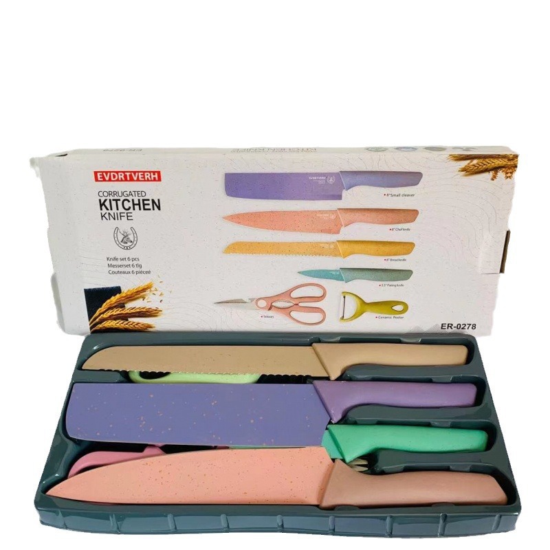 Wheat straw six-piece set of knives, stainless steel kitchen knives, complete set of colored macarons, Western kitchen knives, chef knives and kitchen knives Item Picture