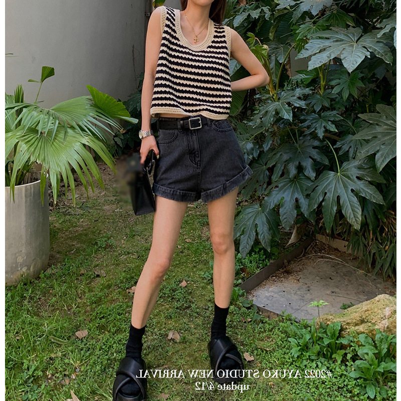 Black and white striped hollowed-out knitted vest for women, 2022 summer new style loose outerwear halter sleeveless vest available for delivery details Picture